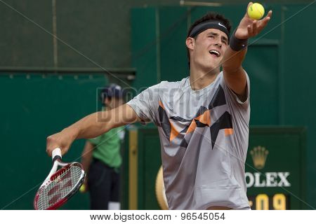 MONTE CARLO, MONACO. APRIL 18 2012 Bernard Tomic (AUS)  in action during the second round match between Bernard Tomic (AUS) and Alexandr Dolgopolov (UKR)  at the ATP Monte Carlo Masters  .