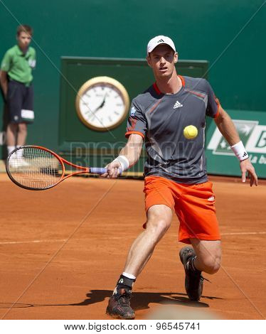 MONTE CARLO, MONACO. APRIL 17 2012 Andy Murray (GBR) in action during the second round match betweenAndy Murray (GBR) and Viktor Troicki (SRB)  at the ATP Monte Carlo Masters  .