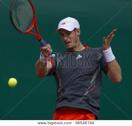 MONTE CARLO, MONACO. APRIL 20 2012 Andy Murray (GBR) in action during the quarter final singles match between Andy Murray (GBR) and Tomas Berdych (CZE) at the ATP Monte Carlo Masters  .