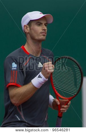 MONTE CARLO, MONACO. APRIL 20 2012 Andy Murray (GBR) pumps his fist during the quarter final singles match between Andy Murray (GBR) and Tomas Berdych (CZE) at the ATP Monte Carlo Masters  .