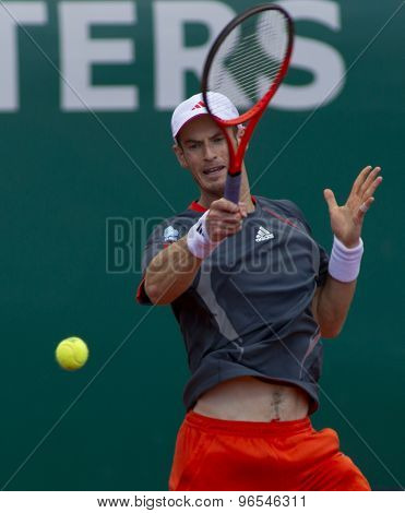 MONTE CARLO, MONACO. APRIL 20 2012 Andy Murray (GBR) in action during the quarter final singles match between Andy Murray (GBR) and Tomas Berdych (CZE) at the ATP Monte Carlo Masters  .