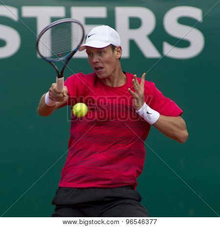 MONTE CARLO, MONACO. APRIL 20 2012 Tomas Berdych (CZE) in action during the quarter final singles match between Andy Murray (GBR) and Tomas Berdych (CZE) at the ATP Monte Carlo Masters  .
