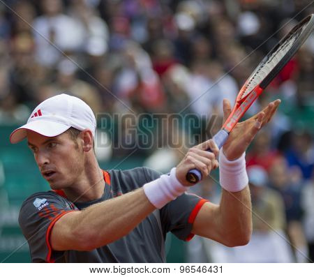 MONTE CARLO, MONACO. APRIL 20 2012 Andy Murray (GBR) in action during the quarter final singles match between Andy Murray (GBR) and Tomas Berdych (CZE) at the ATP Monte Carlo Masters  .