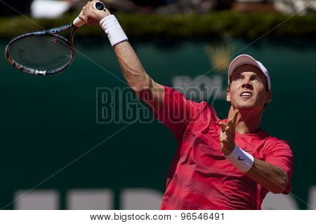 MONTE CARLO, MONACO. APRIL 21 2012 Tomas Berdych (CZE) in action during the semi final singles match between Novak Djokovic (SRB) and Tomas Berdych (CZE) at the ATP Monte Carlo Masters  .