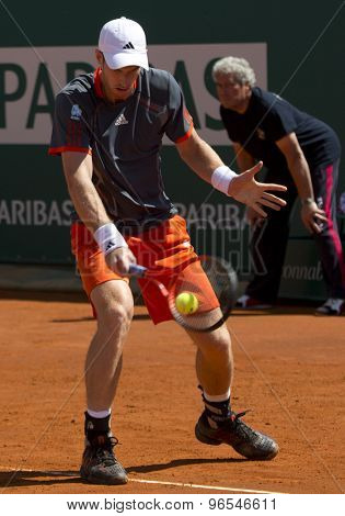 MONTE CARLO, MONACO. APRIL 17 2012 Andy Murray (GBR) in action during the second round match betweenAndy Murray (GBR) and Viktor Troicki (SRB)  at the ATP Monte Carlo Masters  .