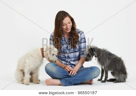 Studio Shot Of Woman With Two Pet Lurcher Dogs