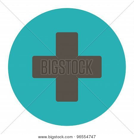 Plus flat grey and cyan colors round button