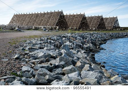 wooden buildings for fish drying, Lofoten Islands