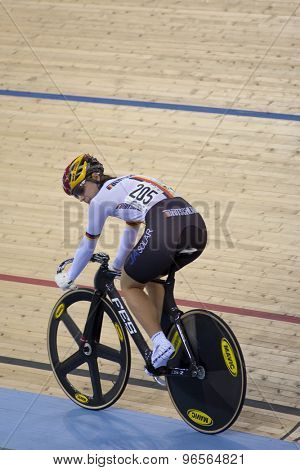 LONDON, ENGLAND. FEBRUARY 18 2012: Miriam Welte (GER) in action during the womens sprint at the UCI Track Cycling World Cup at the London Velodrome, Queen Elizabeth 2nd Park