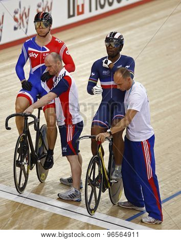 LONDON, ENGLAND. FEBRUARY 19 2012: Sir Chris Hoy (GBR)(L) and Gregory Bauge (FRA)(R) compete at the UCI Track Cycling World Cup at the London Velodrome, Queen Elizabeth 2nd Park