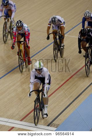 LONDON, ENGLAND. FEBRUARY 19 2012: Anna Mearas (AUS) in action during the womens keirin at the UCI Track Cycling World Cup at the London Velodrome, Queen Elizabeth 2nd Park