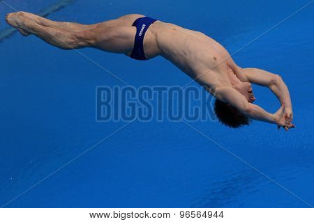 LONDON, GREAT BRITAIN - APRIL 26 2015: Jack Laugher of Great Britain competing in the men's 3m springboard during the FINA/NVC Diving World Series at the London Aquatics Centre