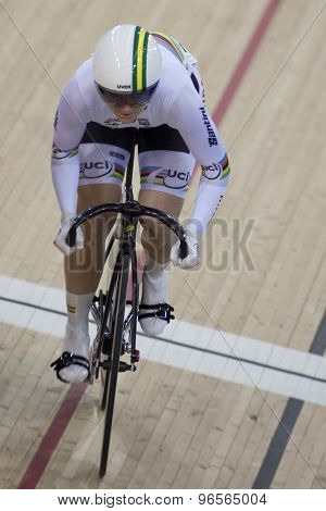 LONDON, ENGLAND. FEBRUARY 18 2012: Anna Mearas (AUS) in action during the womens sprint at the UCI Track Cycling World Cup at the London Velodrome, Queen Elizabeth 2nd Park