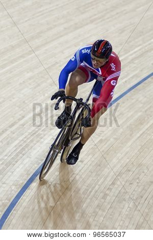 LONDON, ENGLAND. FEBRUARY 18 2012: Sir Chris Hoy (GBR) in action during the men's Keirin in action at the UCI Track Cycling World Cup at the London Velodrome, Queen Elizabeth 2nd Park
