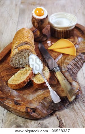 Breakfast, Boiled Egg, Cheese, Yogurt And Baguette