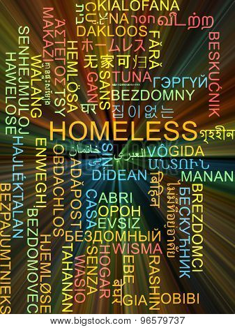 Background concept wordcloud multilanguage international many language illustration of homeless glowing light