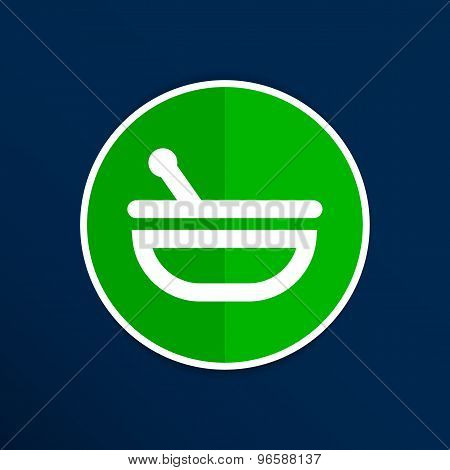 Mortar and pestle with blue tablets icon