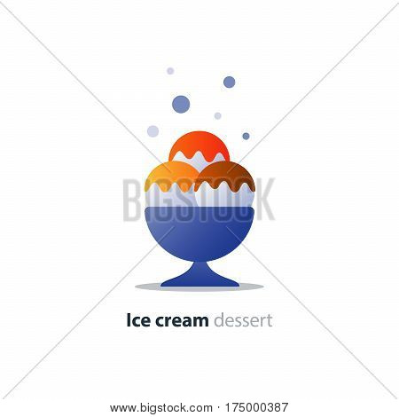 Colorful ice cream in bowl, three ball scoop with topping, gelato portion, fruit flavor, vector flat design illustration icon
