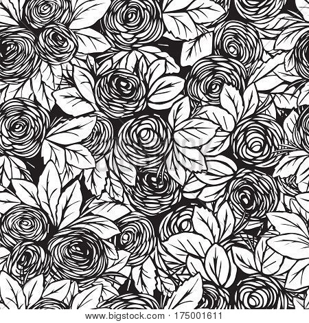 Seamless black and white background. Hand drawn pattern with roses ...