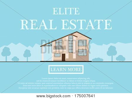 Vector illustration of cute houses for rent or sale in flat building style. background with blue pastel colors. country views with trees and shrubs. Banner for a website selling luxury real estate. vector illustration.