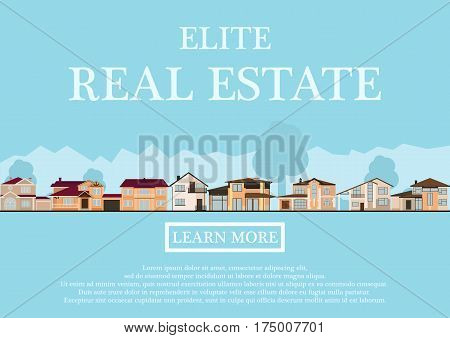 Vector illustration of cute houses for rent or sale in flat building style. background with blue pastel colors. country views with trees and shrubs. Banner for a website selling luxury real estate. vector illustration.