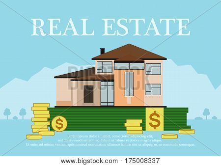 Cute cartoon house for sale or rent in flat building style staing in money with sign real estate.background in blue pastel colors. country views with trees and shrubs. real estate purchase. vector illustration