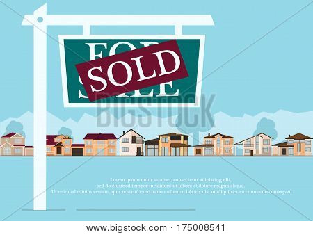 Sold sign in front of cute houses in flat building style. background with blue pastel colors. country views with trees and shrubs. real estate purchase. vector illustration