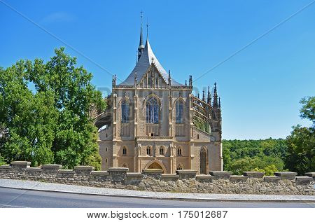 Front view from way on church of Saint Barbara a Roman Catholic church in the Gothic Style at Kutna Hora Czech Republic Europe