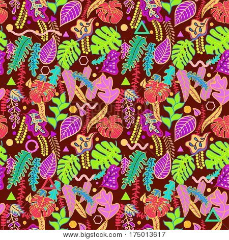 Tropical vibrant background with tropical leaves print seamless pattern. Vibratory pink colors of the jungle in the style of memphis, punk, neurofunk, trance, rave. Fashionable decorative textures
