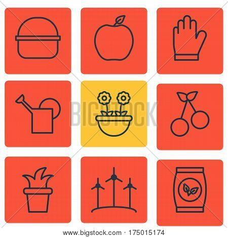 Set Of 9 Holticulture Icons. Includes Nectarine, Bush Pot, Herb And Other Symbols. Beautiful Design Elements.