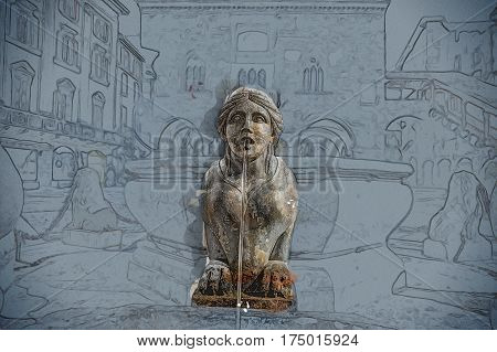 Piazza Vecchia, Citta Alta, Bergamo, Italy. Night view on the square with the beautiful fountain in the center. Modern Painting. Brushed artwork based on photo.