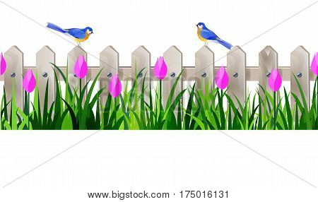 Green Grass and white wooden fance seamless isolated clip art vector on white with rose tulips and bluebirds