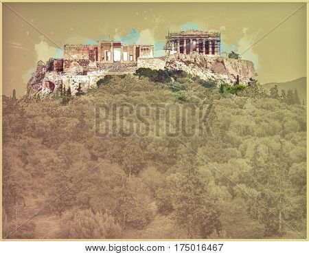 Parthenon and Herodium construction in Acropolis Hill in Athens, Greece. Modern Painting. Brushed artwork based on photo. Background texture.