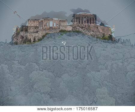 Parthenon and Herodium construction in Acropolis Hill in Athens, Greece. Modern Painting. Brushed artwork based on photo. Background texture.