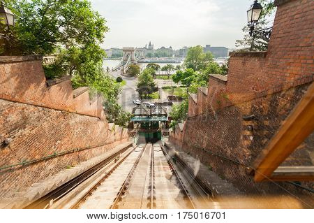 Budapest Castle Hill Funicular. Hungary. Photos from the cab. Gypsy rises