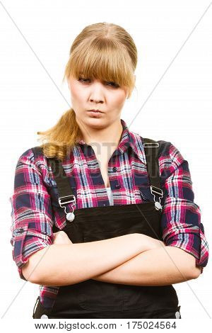 Angry Woman Wearing Dungarees And Check Shirt