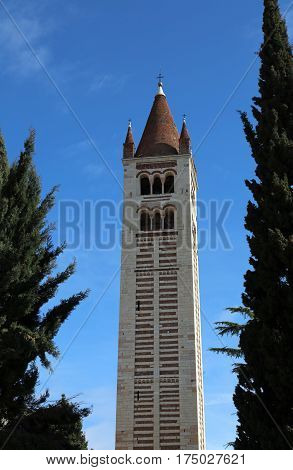 Bell Tower Of San Zeno Basilica In Verona In Italy