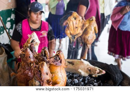 Cuenca, Ecuador on November 15, 2015: Woman selling grilled BBQ guinea pigs at the market. Considered a local delicacy, these rodents are skinned and prepared as food.