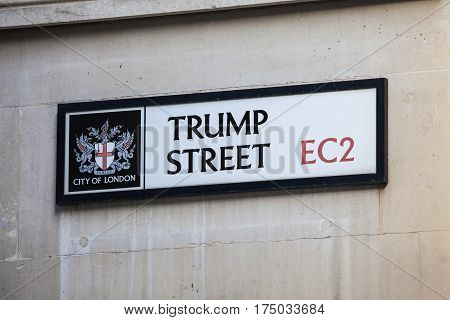 LONDON UK - FEBRUARY 17TH 2017: A street sign for Trump Street which is located in the historic City of London on 17th February 2017.
