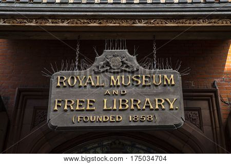 CANTERBURY UK - FEBRUARY 13TH 2017: A close-up of the old sign outside the Beaney House of Art and Knowledge in Canetrbury England, on 13th February 2017.