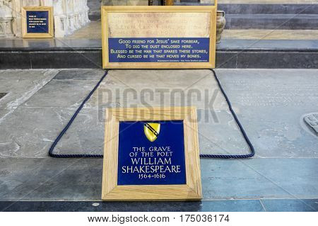 STRATFORD-UPON-AVON UK - MARCH 1ST 2017: The grave of famous English playwright and poet William Shakespeare located in the Church of the Holy Trinity in Stratford-Upon-Avon on 1st March 2017.