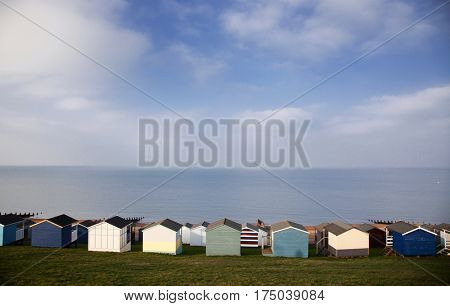colored beach huts on the beach of Tankerton near Whitstable in Kent, UK