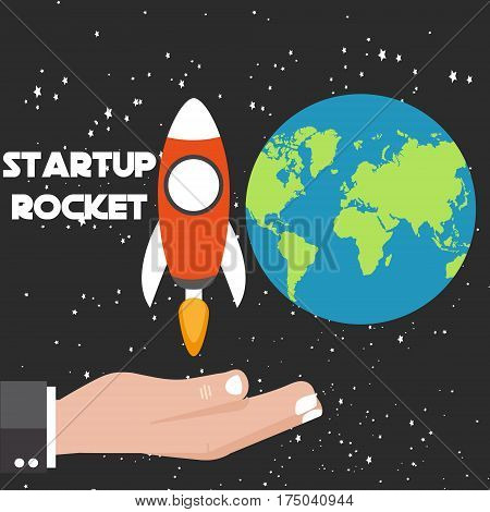 Rocket ship in a flat style.Vector illustration with 3d flying in the cosmos