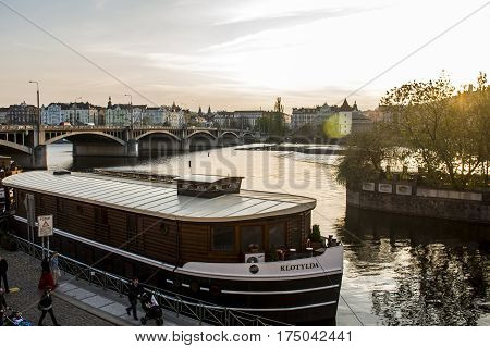 Czech Republic Prague 11.04.2014: Klotylda boat hotel and restaurant, located on Vltava river in the historic city center.