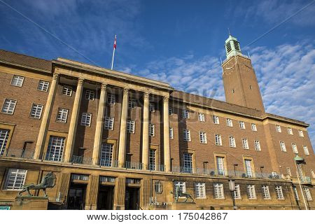 A view of the art deco architecture of Norwich City Hall in the historic city of Norwich UK.