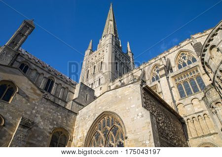 Looking up at the magnificent architecture of Norwich Cathedral in Norwich UK.