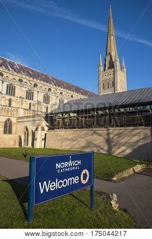 A view of the magnificent Norwich Cathedral in the historic city of Norwich UK.