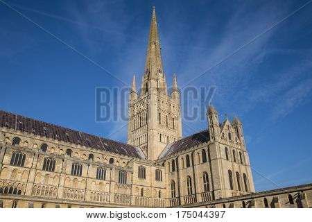 A view of the magnificent Norwich Cathedral in the historic city of Norwich UK.