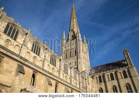 A view of the magnificent Norwich Cathedral in the historic city of Norwich UK.