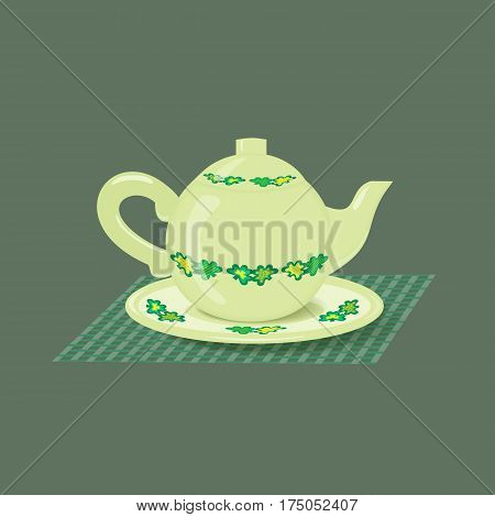 Ceramic teapot icon. Porcelain teakettle with saucer isolated. Freehand drawn cartoon style. Teatime accessories concept. Tableware for tea drinks with clover leaves ornament. Vector illustration